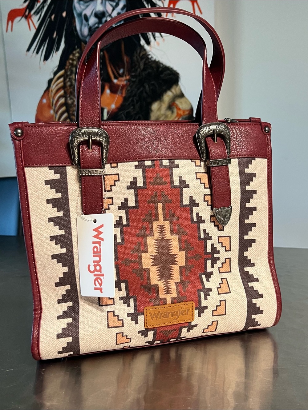NWT Wrangler Southwestern Aztec Canvas Mini Tote Bag/Satchel – Burgundy / Brown